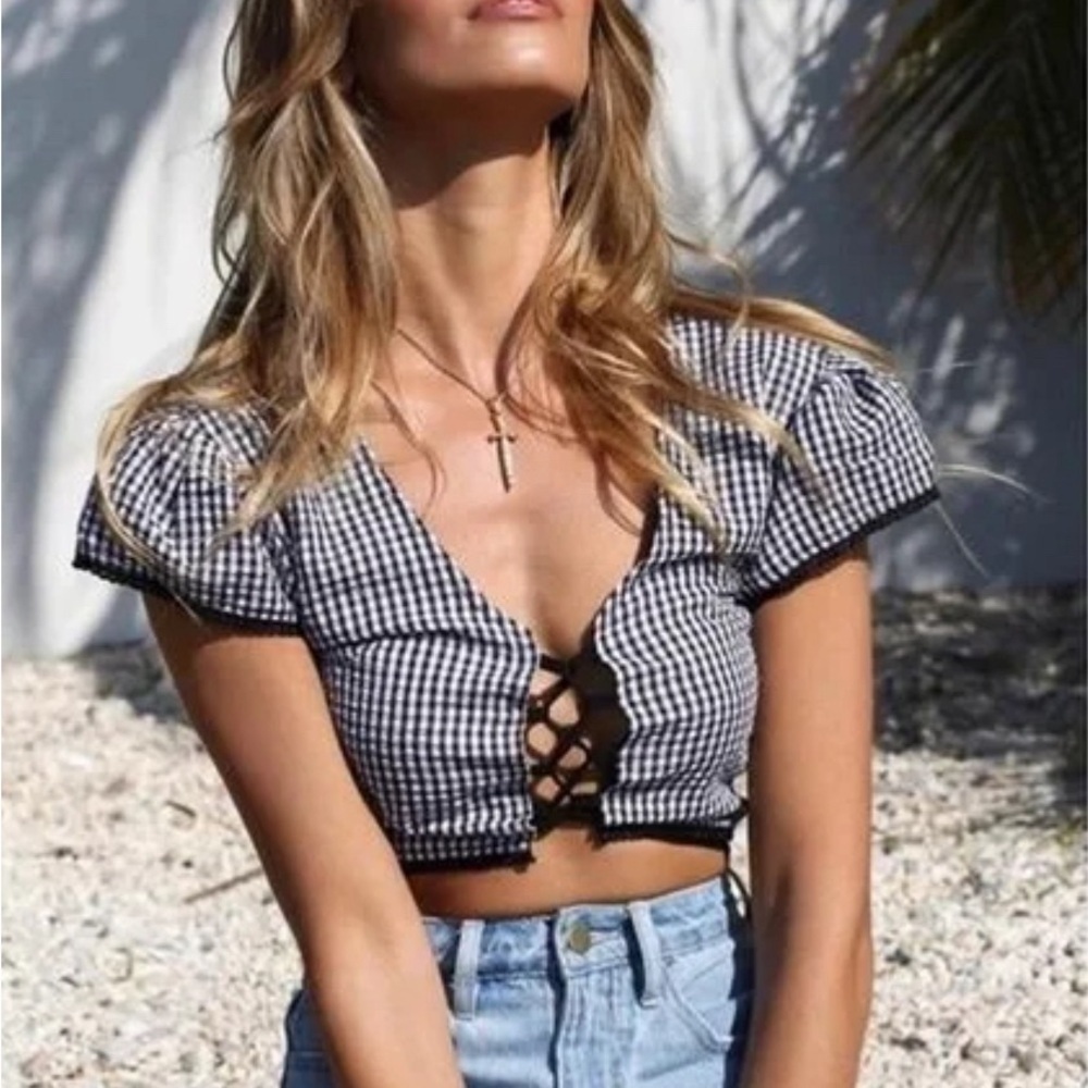 - 🎀 I.AM.GIA M Bardot gingham corset crop top coquette
